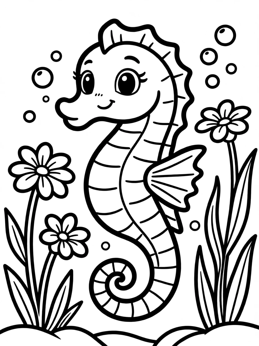 adorable seahorse dancing around underwater flowering plants coloring page