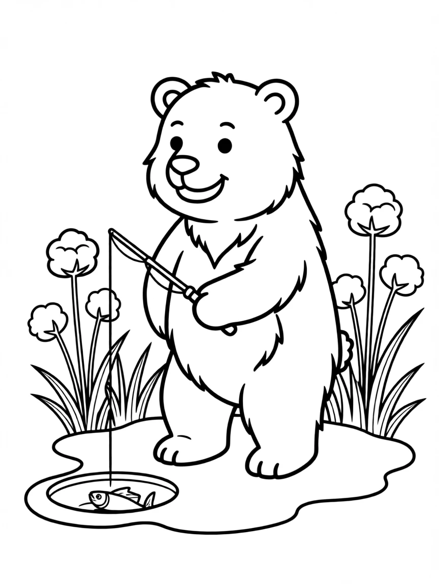 fluffy polar bear fishing near arctic cotton grass coloring page