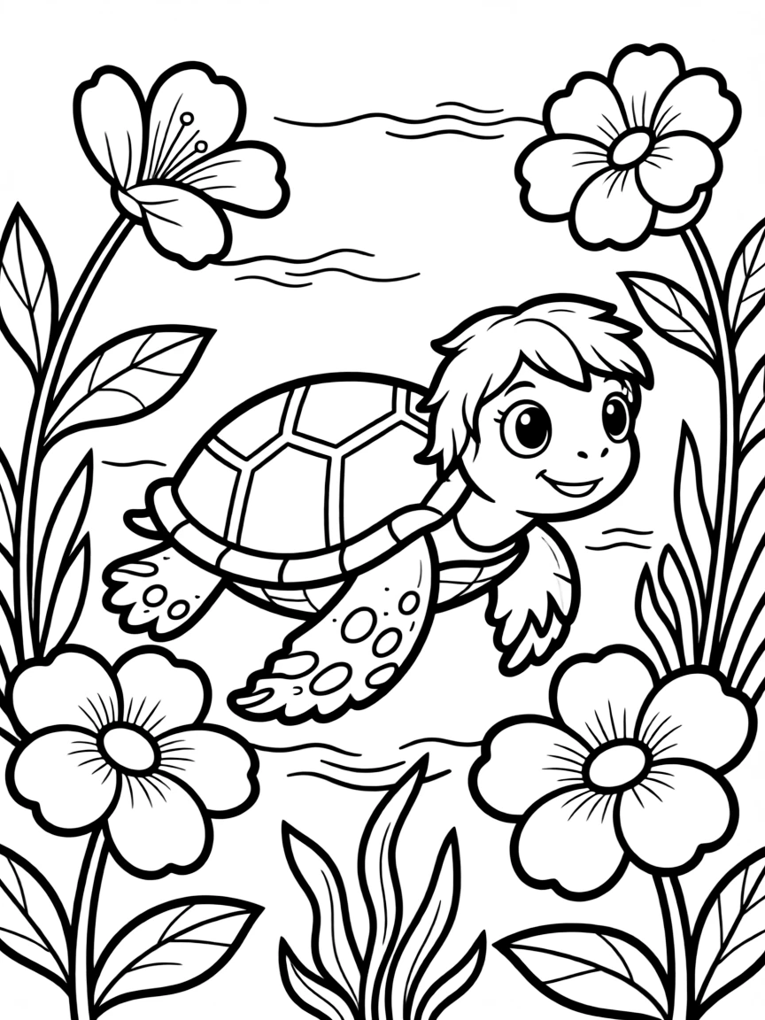 cartoon turtle swimming through underwater flower meadow coloring page