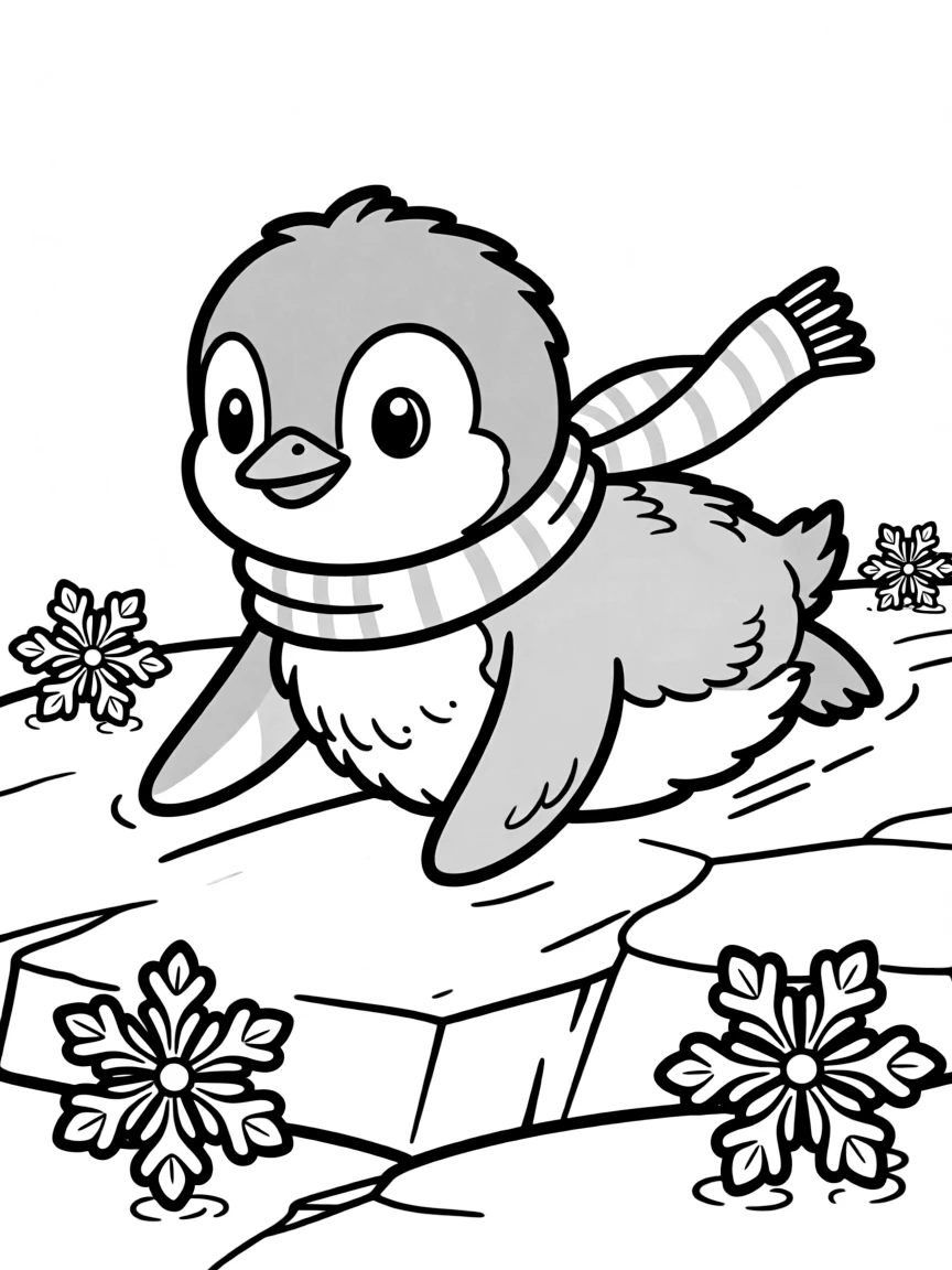 baby penguin sliding past ice flowers coloring page