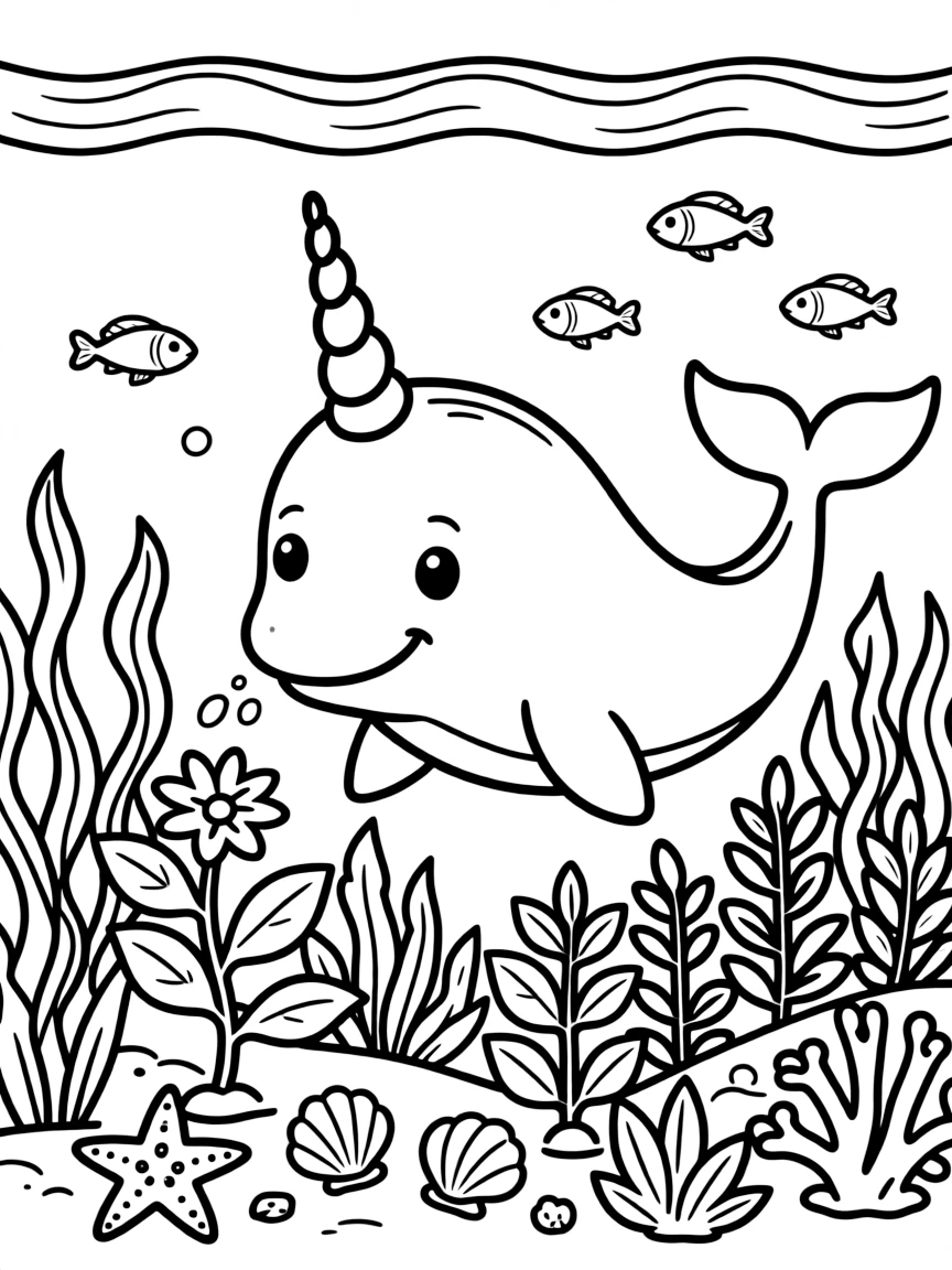 adorable narwhal using horn to tend underwater garden coloring page