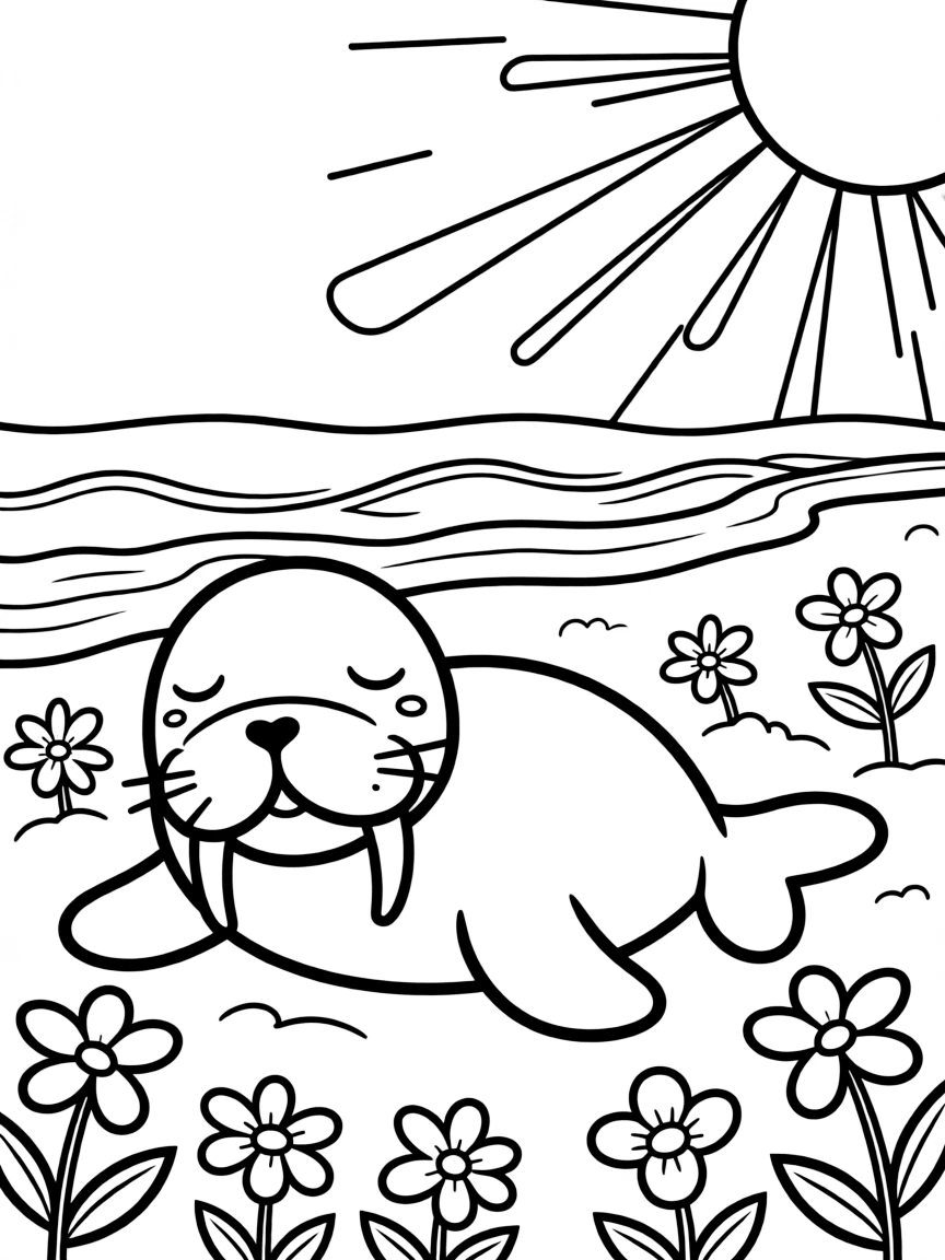 sleepy walrus sunbathing near seaside flowers coloring page