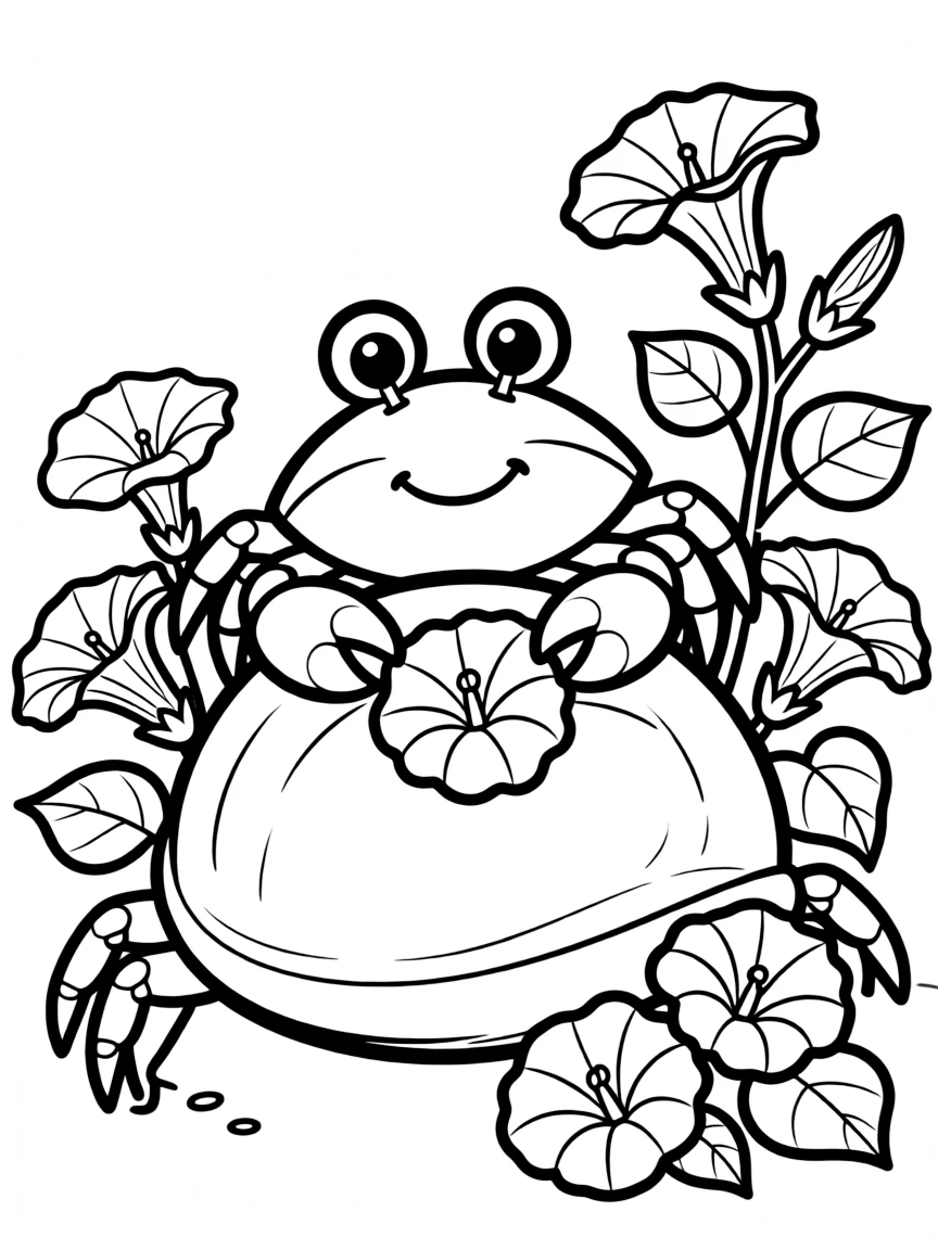 playful crab decorating shell with beach morning glories coloring page