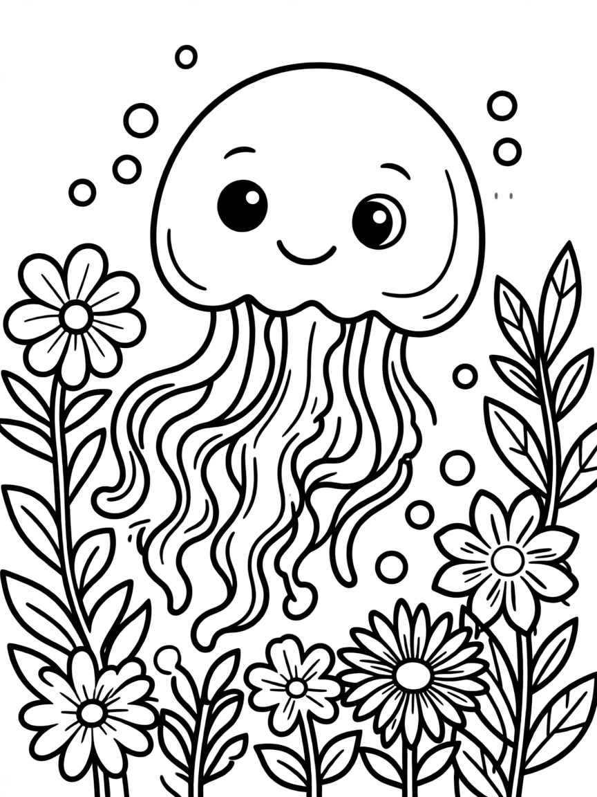 cute jellyfish floating through sea of underwater blooms coloring page