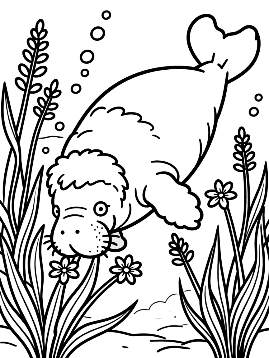 fluffy manatee grazing on sea grass flowers coloring page