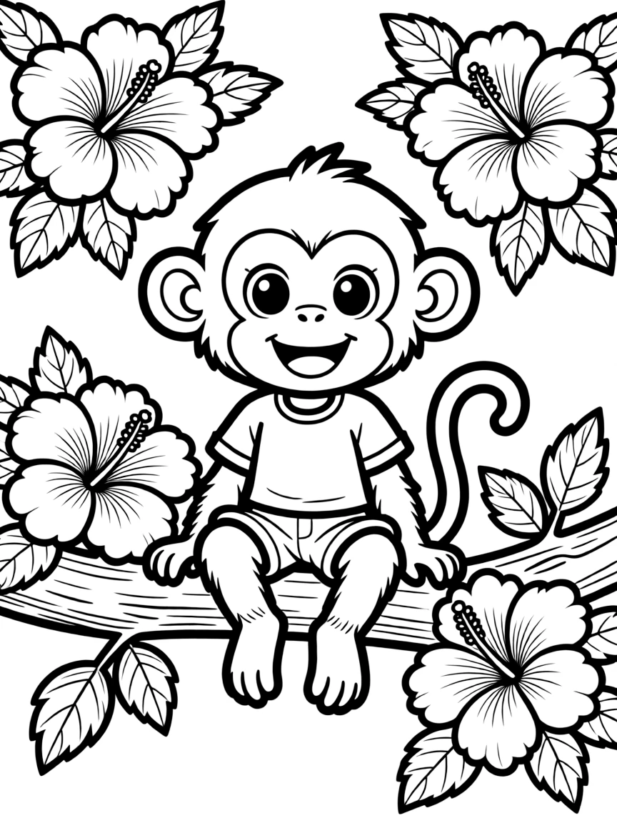adorable cartoon monkey with tropical hibiscus coloring page