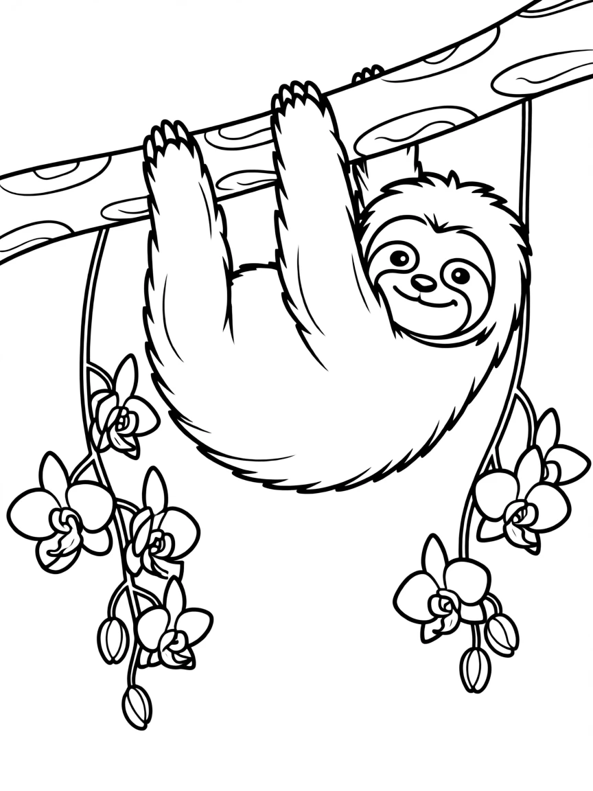 fluffy sloth hanging from branch with hanging orchids coloring page
