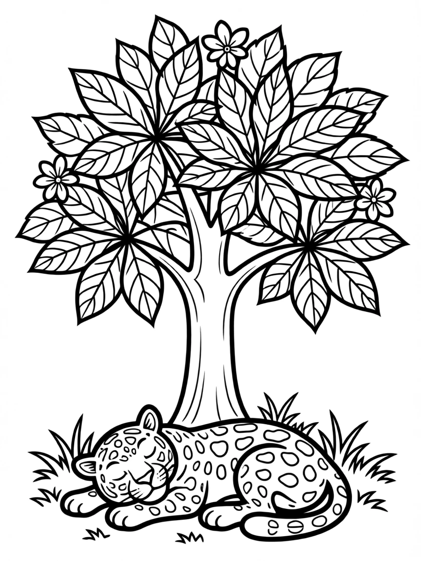 sleepy jaguar resting under flowering cecropia tree coloring page