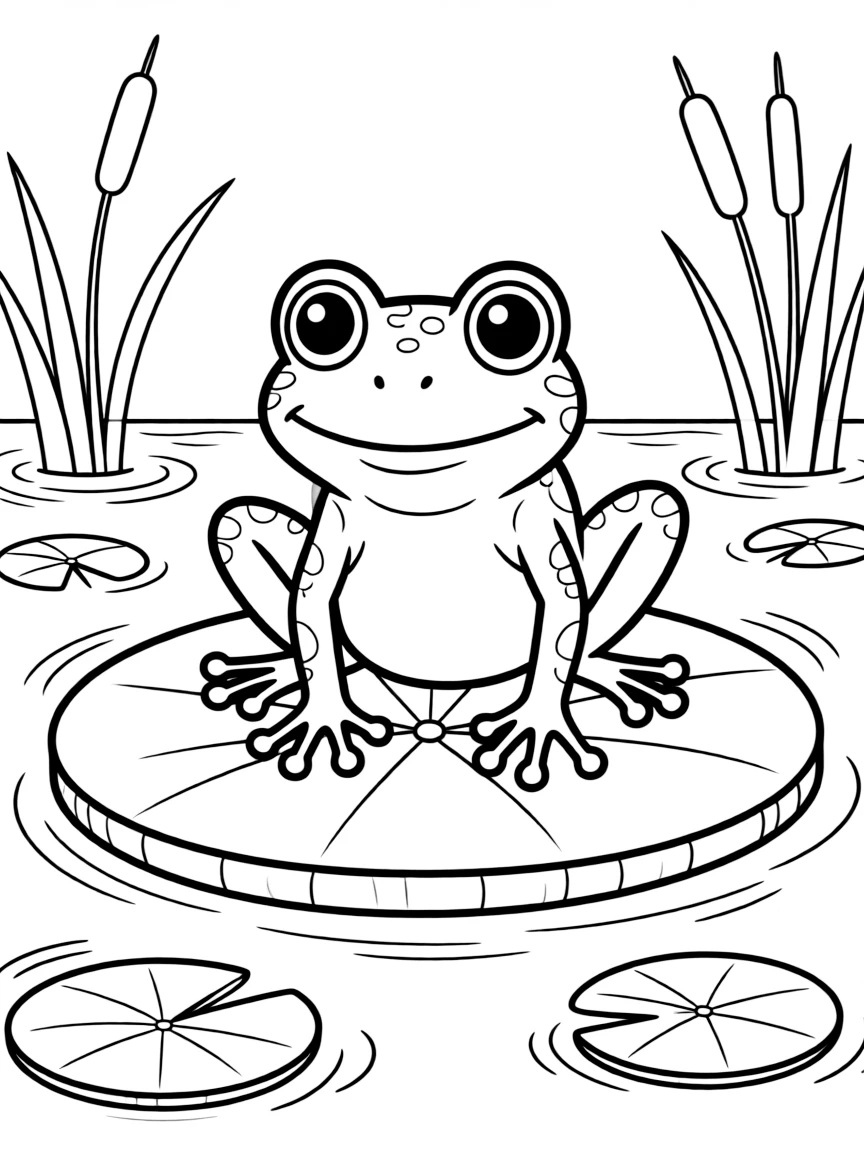adorable tree frog sitting on giant water lily pad coloring page