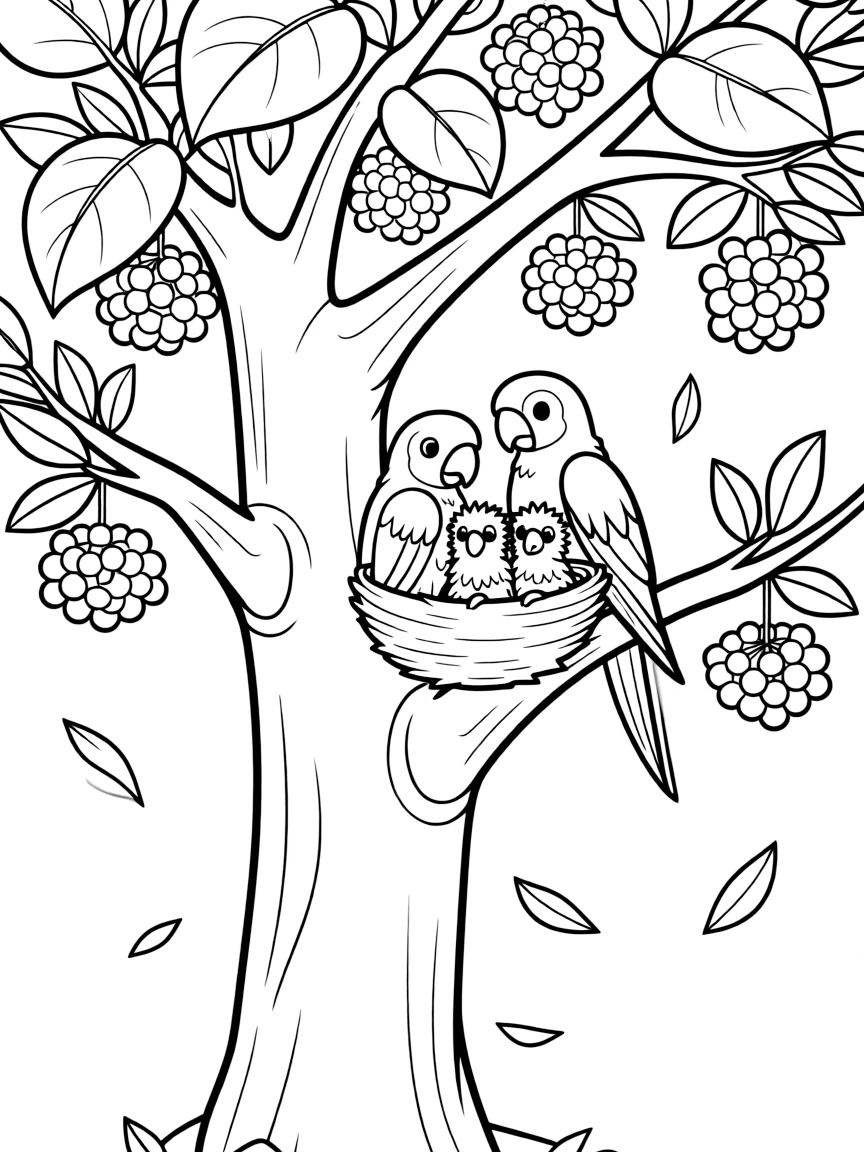 cute parrot family nesting in flowering kapok tree coloring page