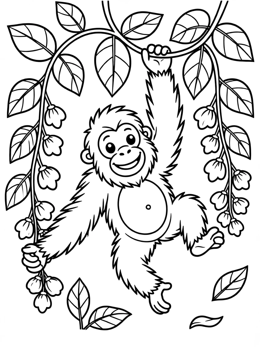 fluffy orangutan swinging through flowering vines coloring page