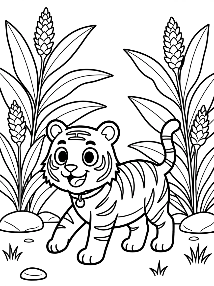 cartoon tiger walking through jungle clearing with wild ginger coloring page