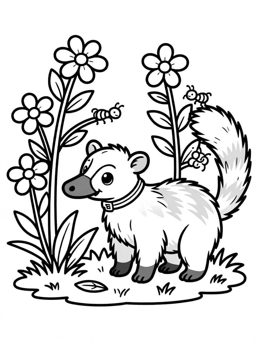 adorable anteater sniffing around flowering ant plants coloring page