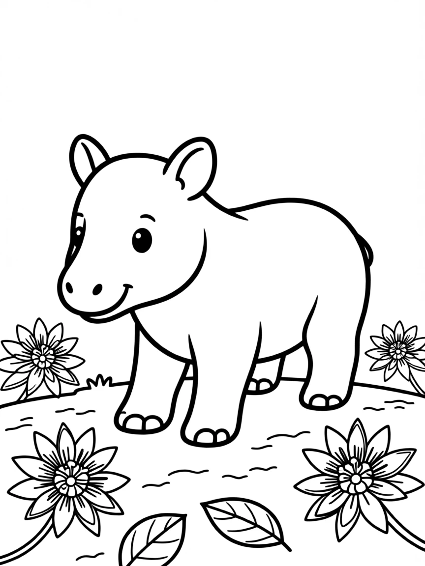 baby tapir exploring forest floor dotted with passion flowers coloring page
