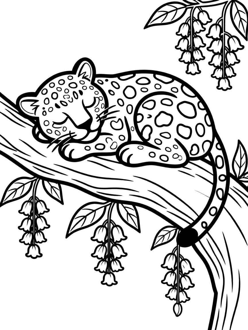 sleepy leopard lounging on branch with hanging flower clusters coloring page