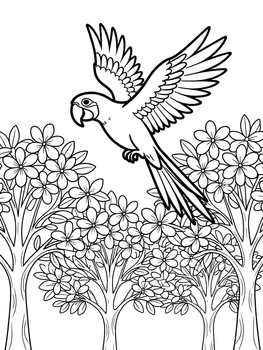 playful macaw flying over canopy of flowering trees coloring page