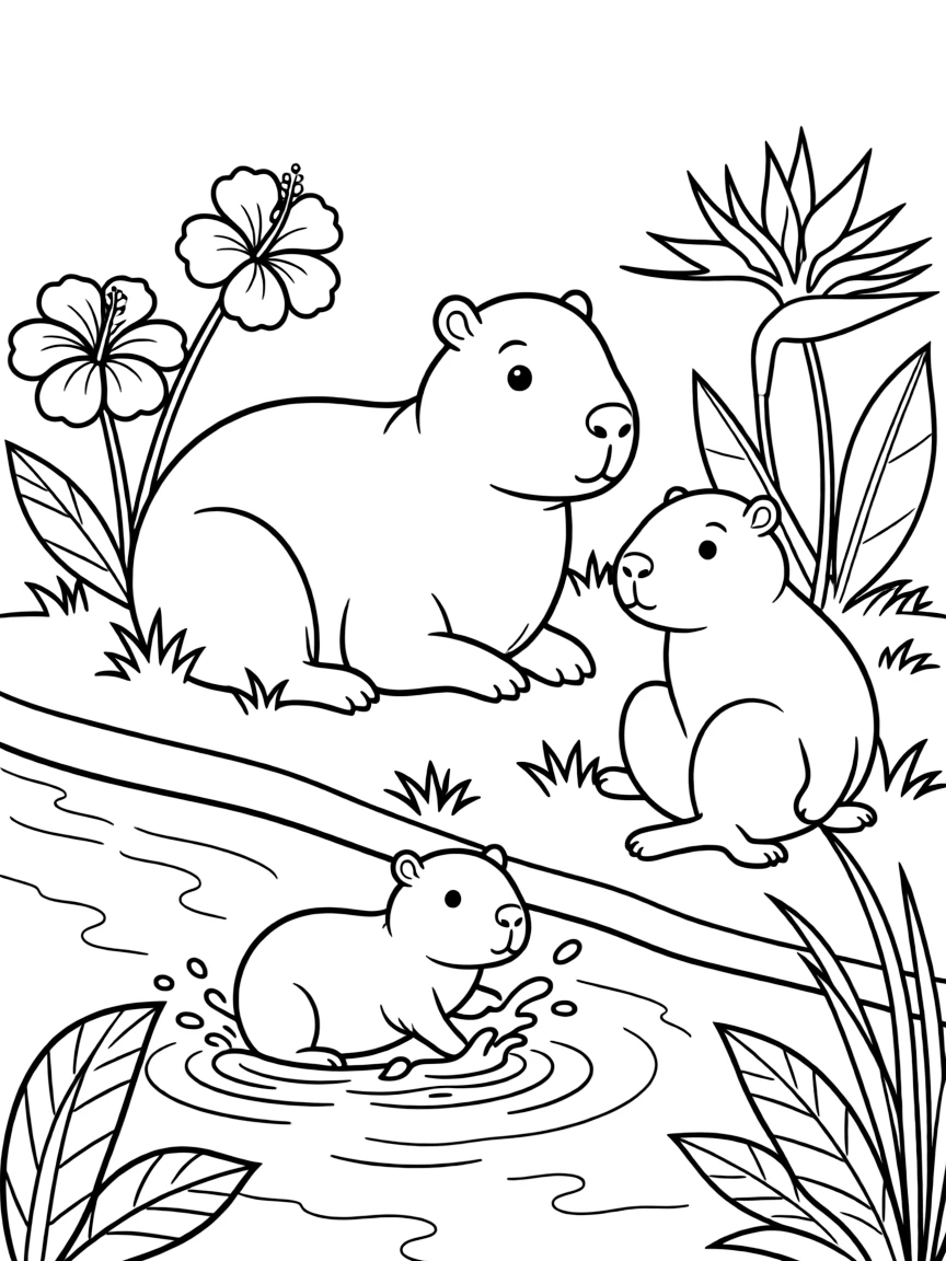 cute capybara family relaxing near stream with tropical flowers coloring page