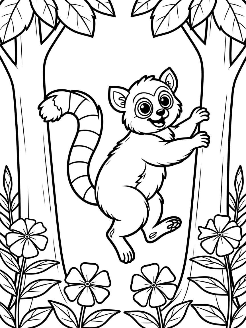 fluffy lemur leaping between trees with Madagascar periwinkle coloring page