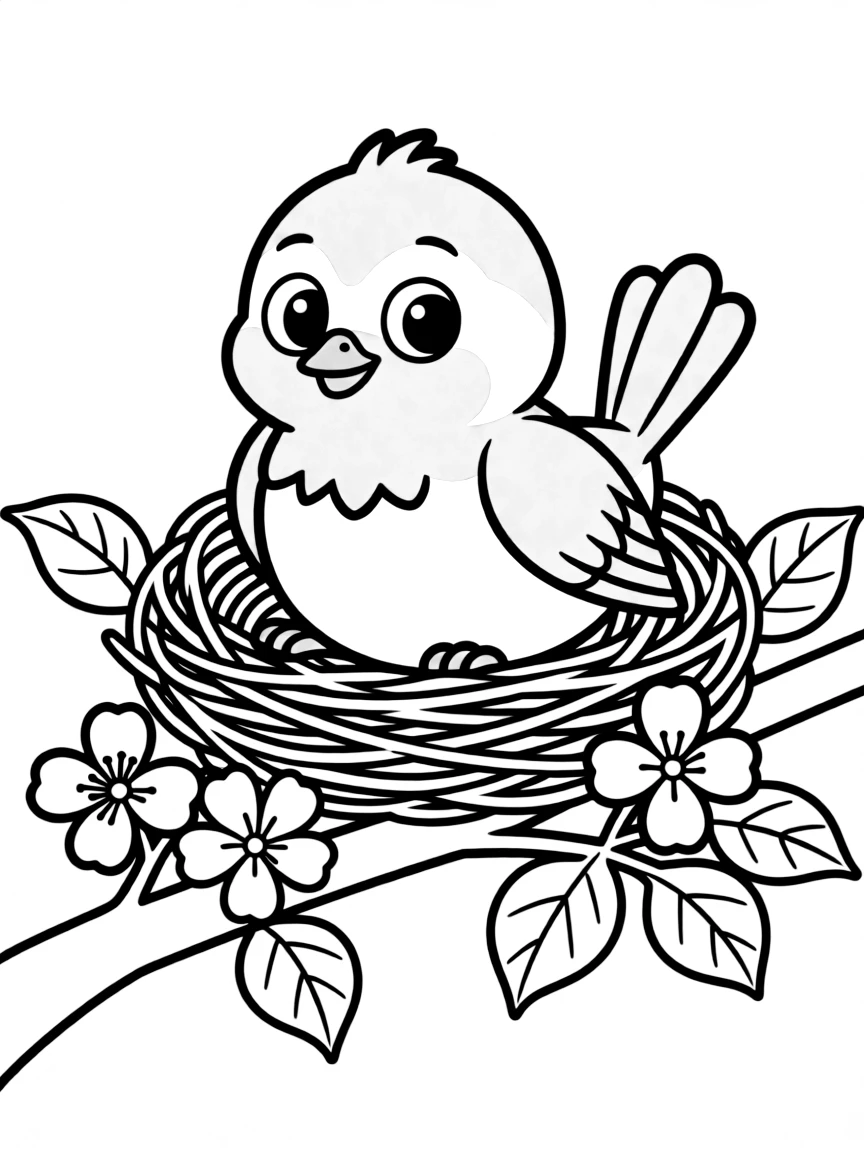 adorable cartoon robin with nest in flowering dogwood coloring page