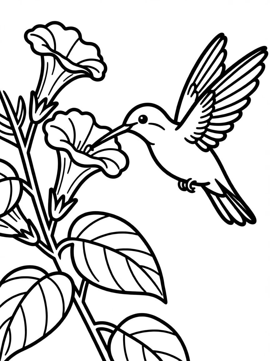 cute hummingbird sipping nectar from trumpet vine coloring page