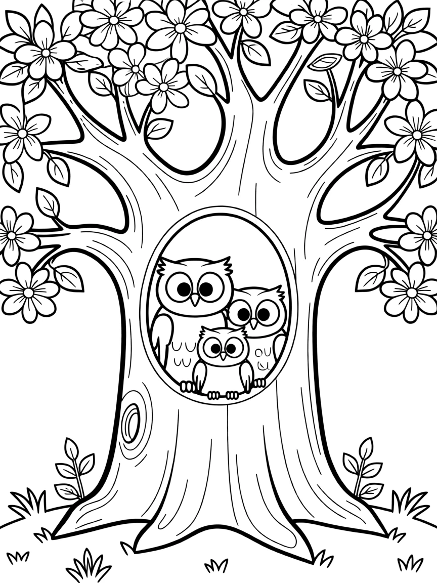fluffy owl family in hollow of flowering oak tree coloring page