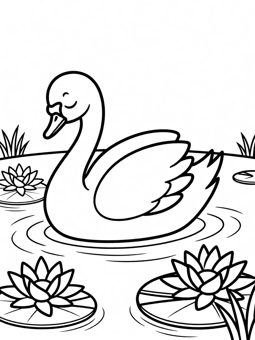 sleepy swan gliding through pond with water lilies coloring page