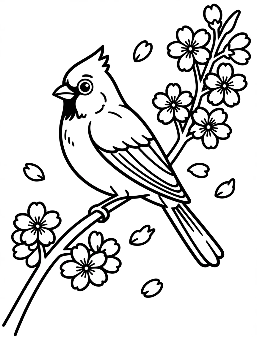 playful cardinal perched on branch with cherry blossoms coloring page