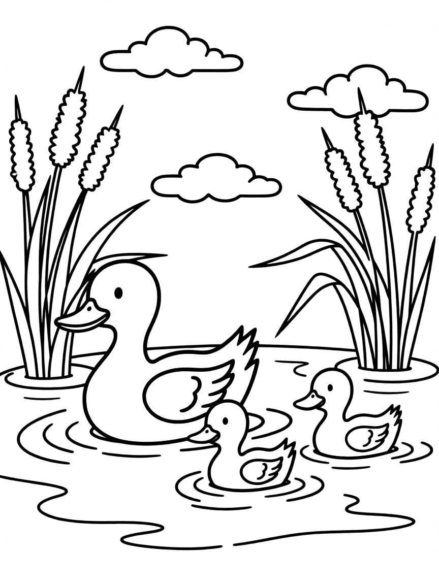 adorable duck family swimming near cattail flowers coloring page