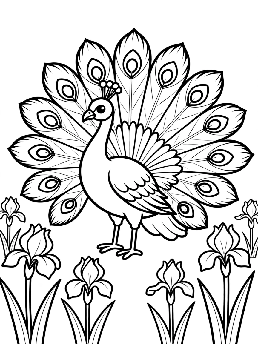 cute peacock displaying among field of iris flowers coloring page