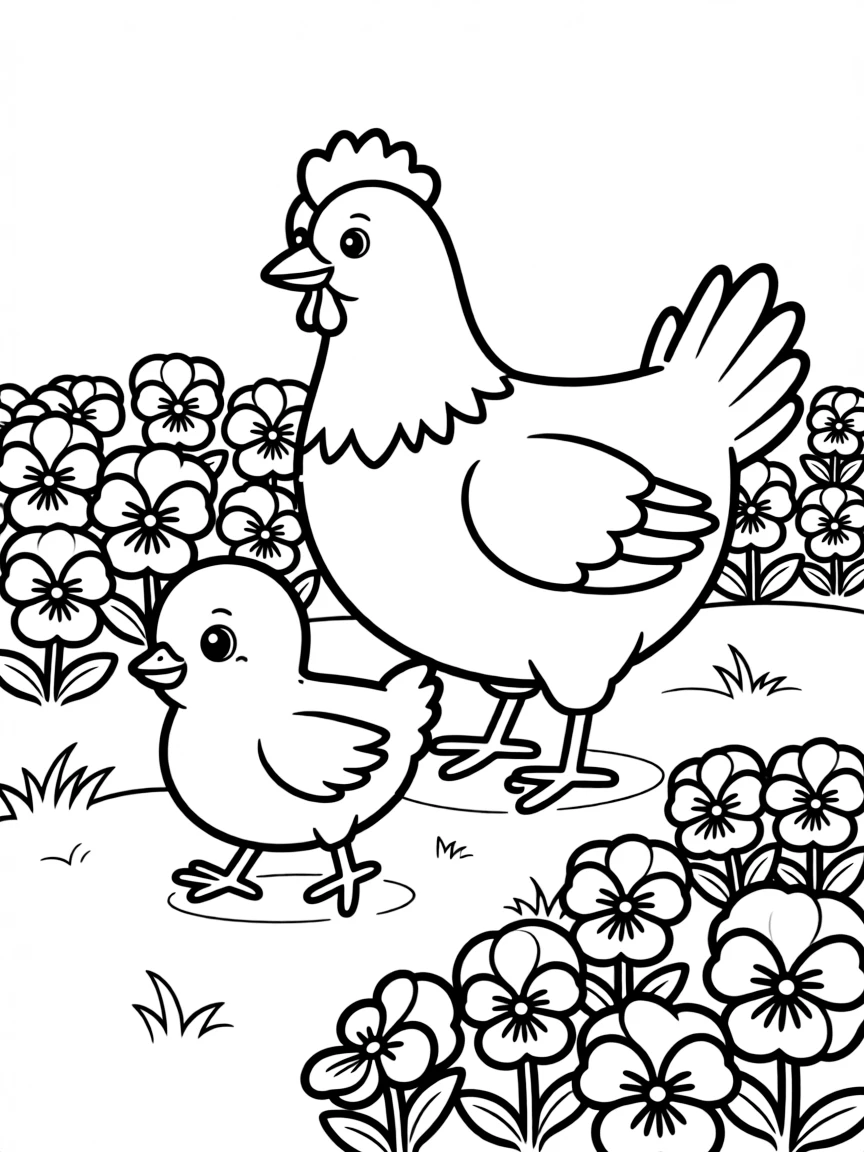 fluffy chick following mother through garden of pansies coloring page