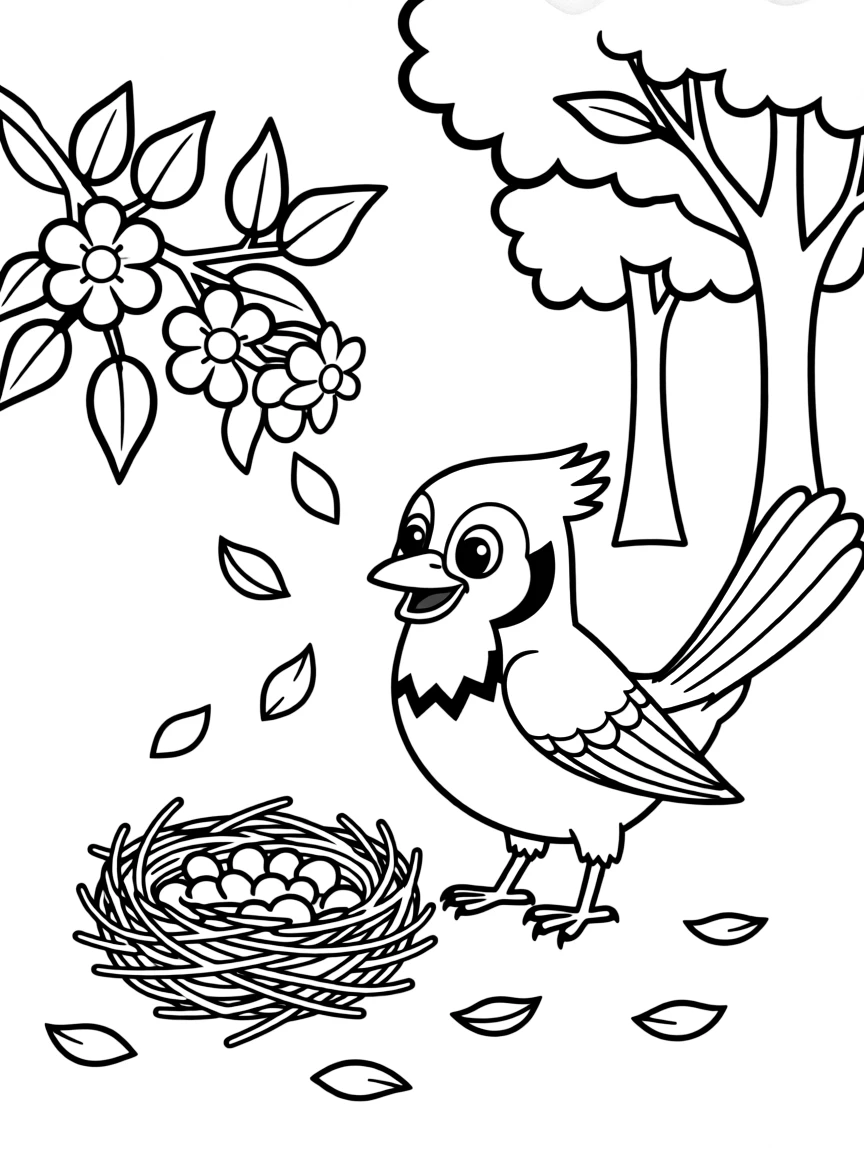 cartoon blue jay collecting flower petals for nest coloring page
