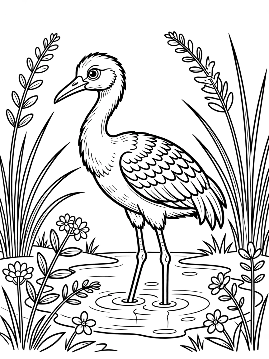 baby crane wading through marsh with pickleweed flowers coloring page