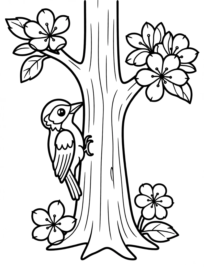adorable woodpecker tapping on tree with apple blossoms coloring page
