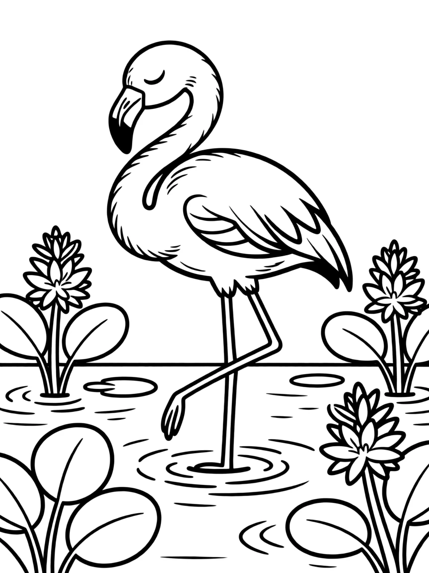 sleepy flamingo standing in lagoon with water hyacinth coloring page