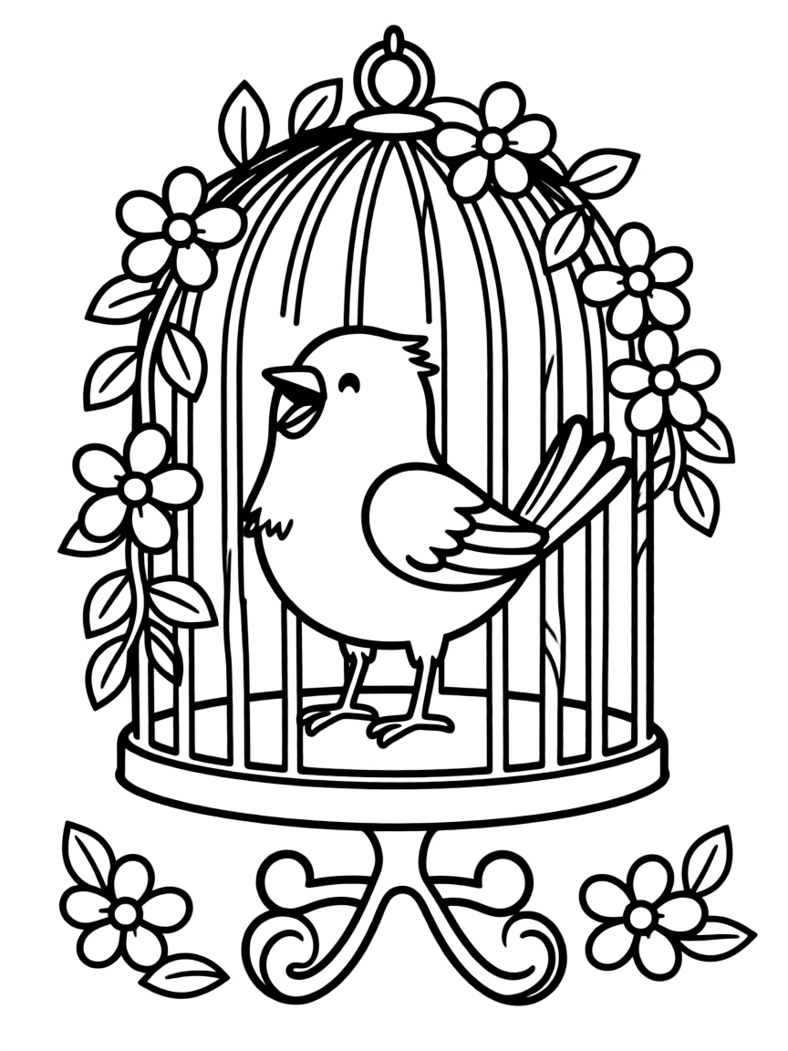 playful canary singing in cage decorated with flower garlands coloring page