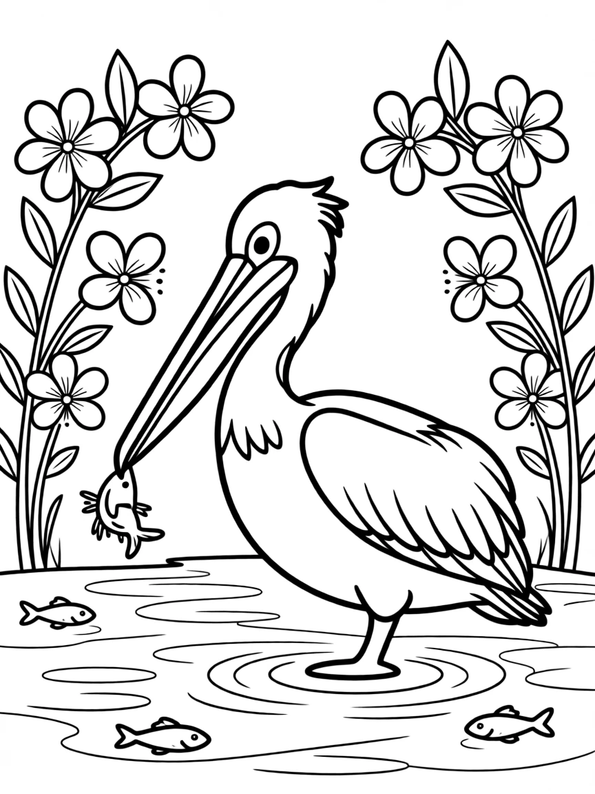 cute pelican fishing near mangrove flowers coloring page