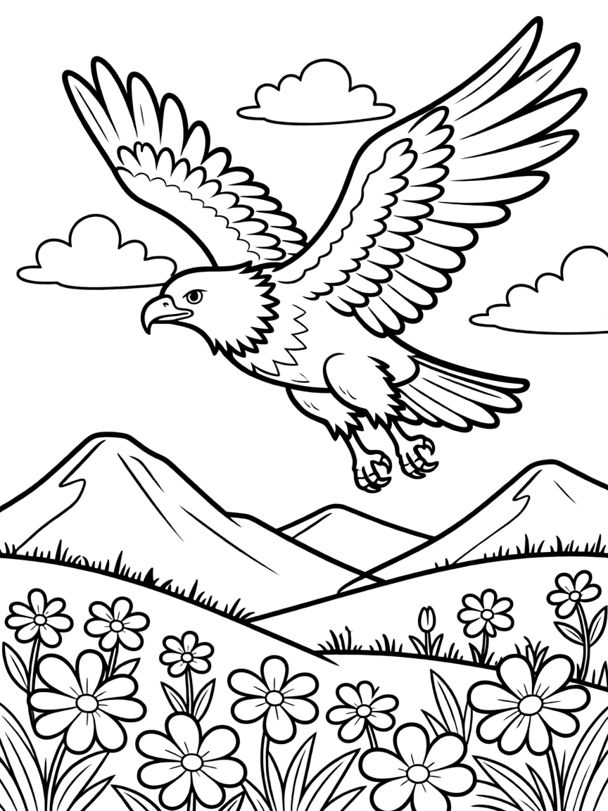 fluffy eagle soaring over mountain meadow in bloom coloring page