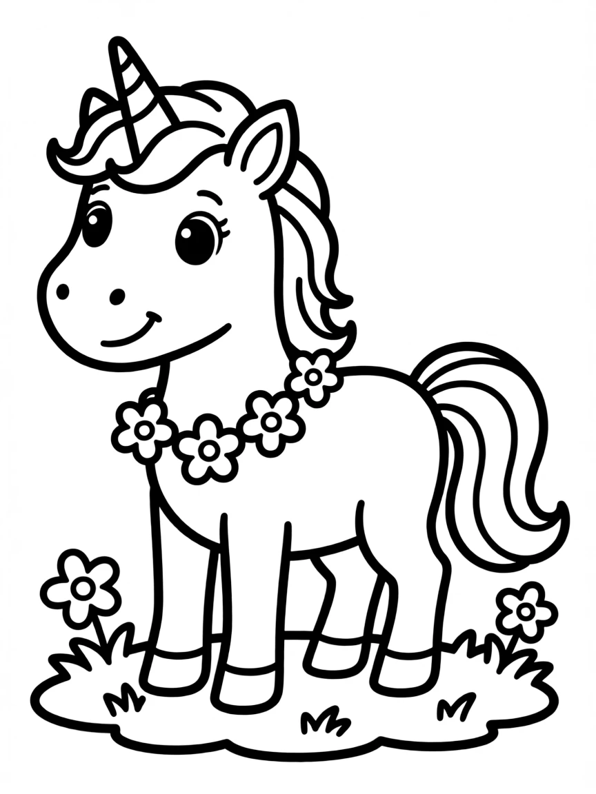 adorable cartoon unicorn with rainbow flowers coloring page