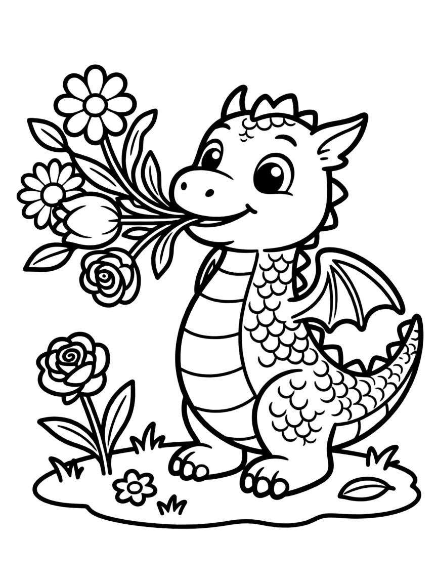 cute dragon breathing flowers instead of fire coloring page