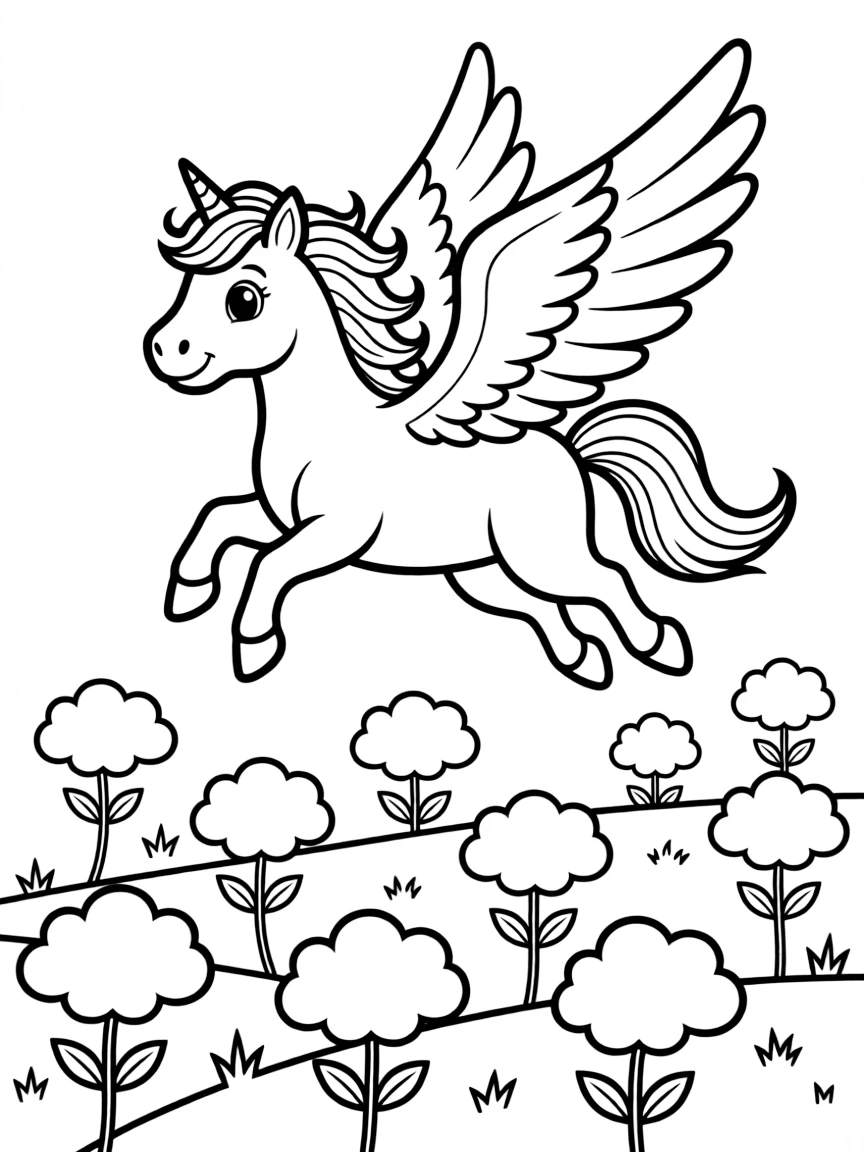 fluffy pegasus flying over field of cloud-shaped flowers coloring page
