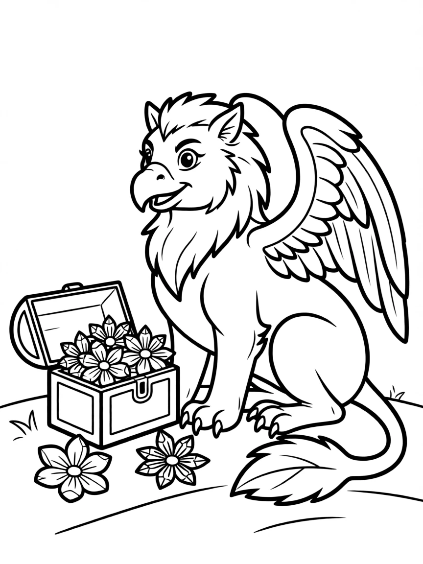 playful griffin guarding treasure of crystalline flowers coloring page