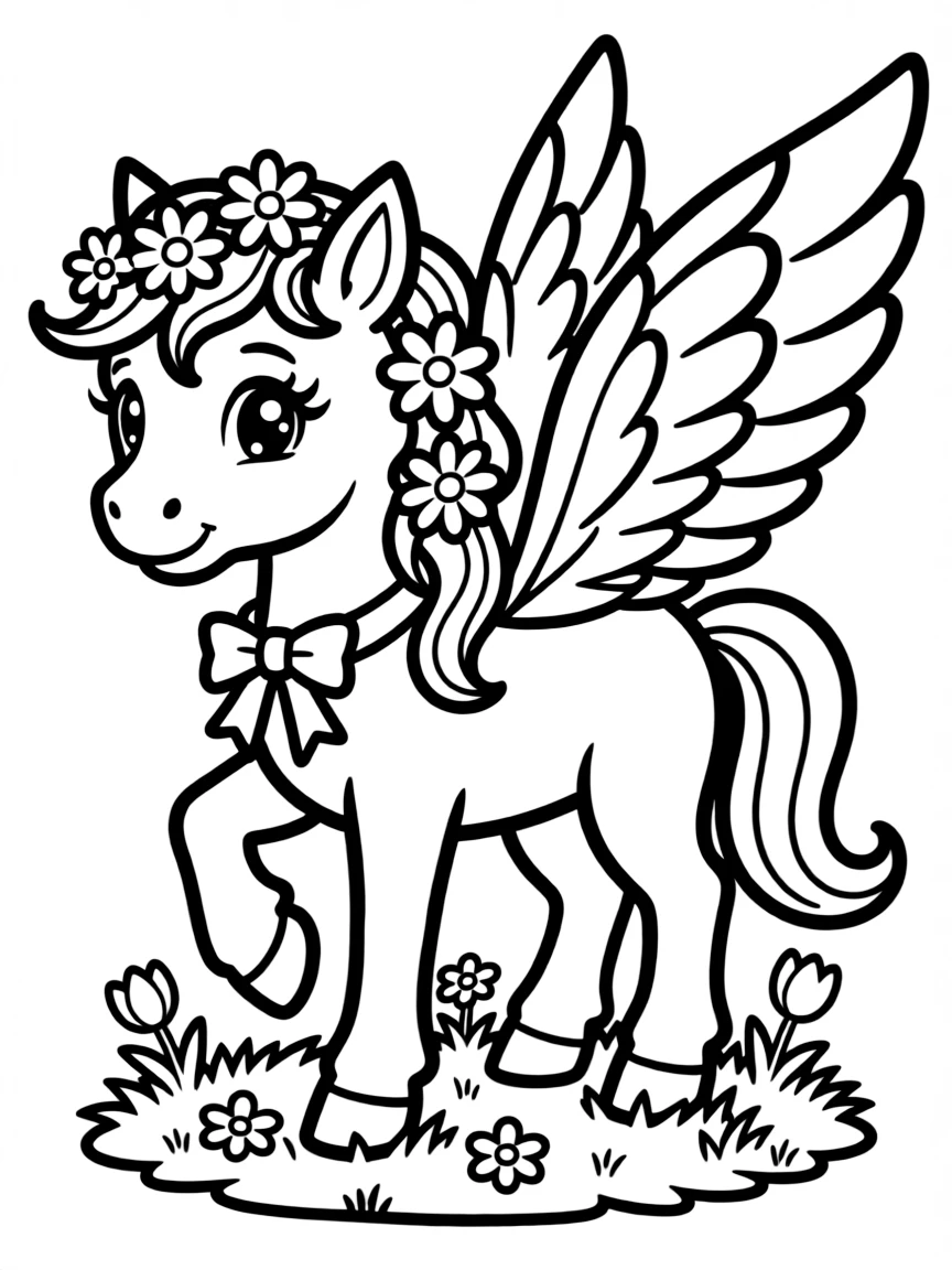 adorable fairy horse with wings and flower mane coloring page