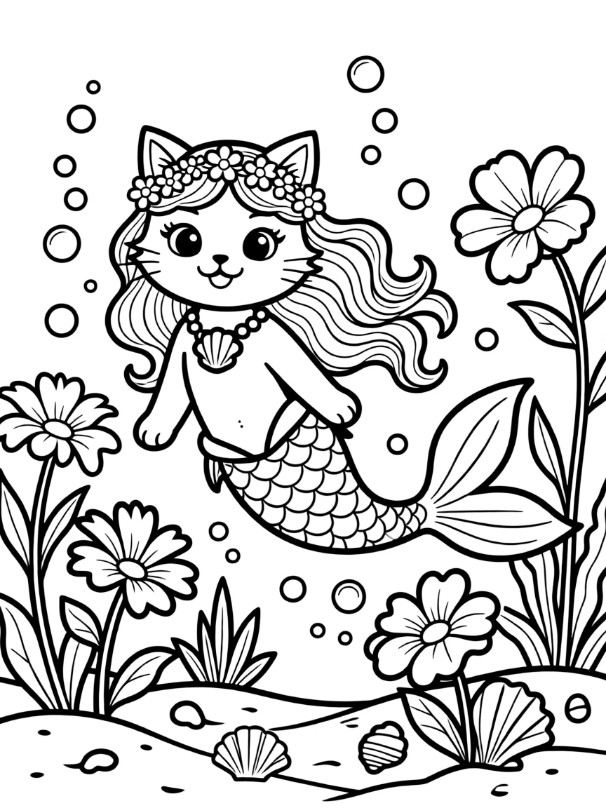 cute mermaid cat swimming through underwater flower garden coloring page