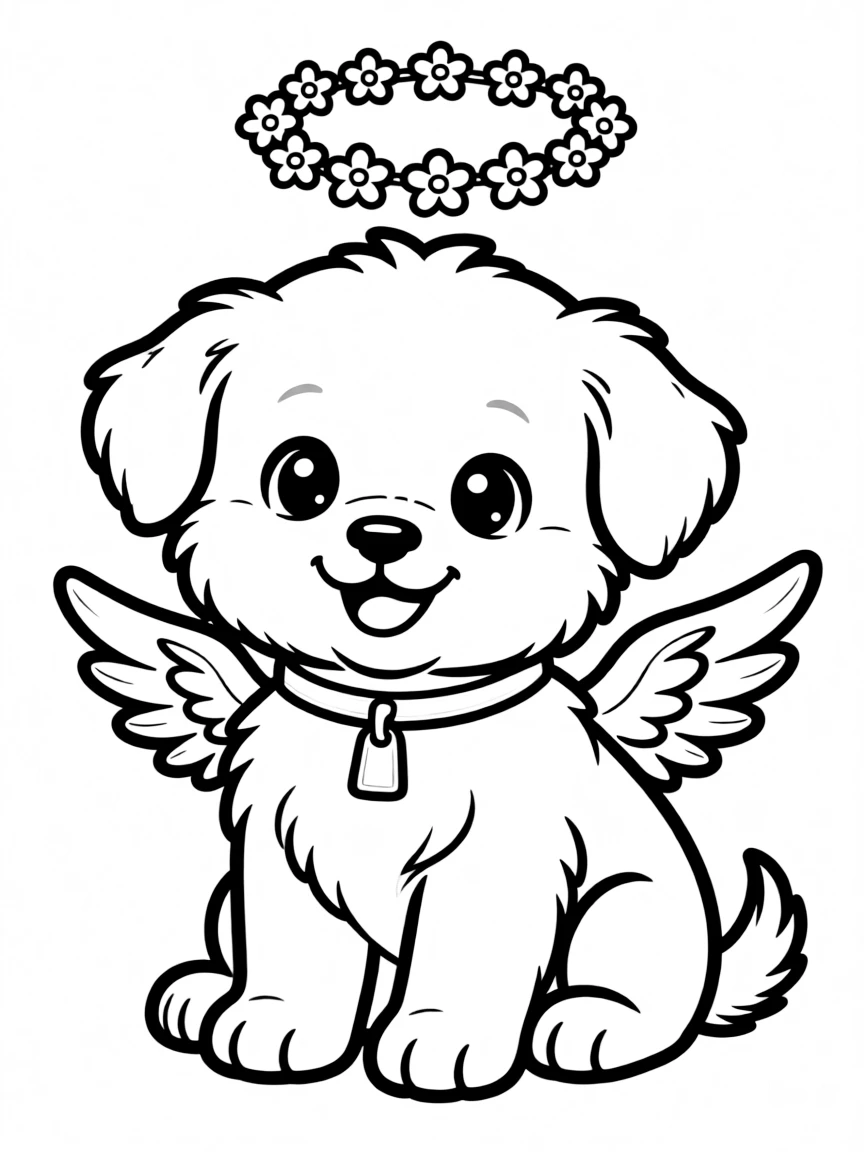 fluffy angel puppy with halo of tiny flowers coloring page