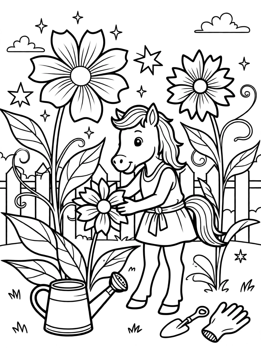 cartoon centaur foal learning to tend magical flower garden coloring page
