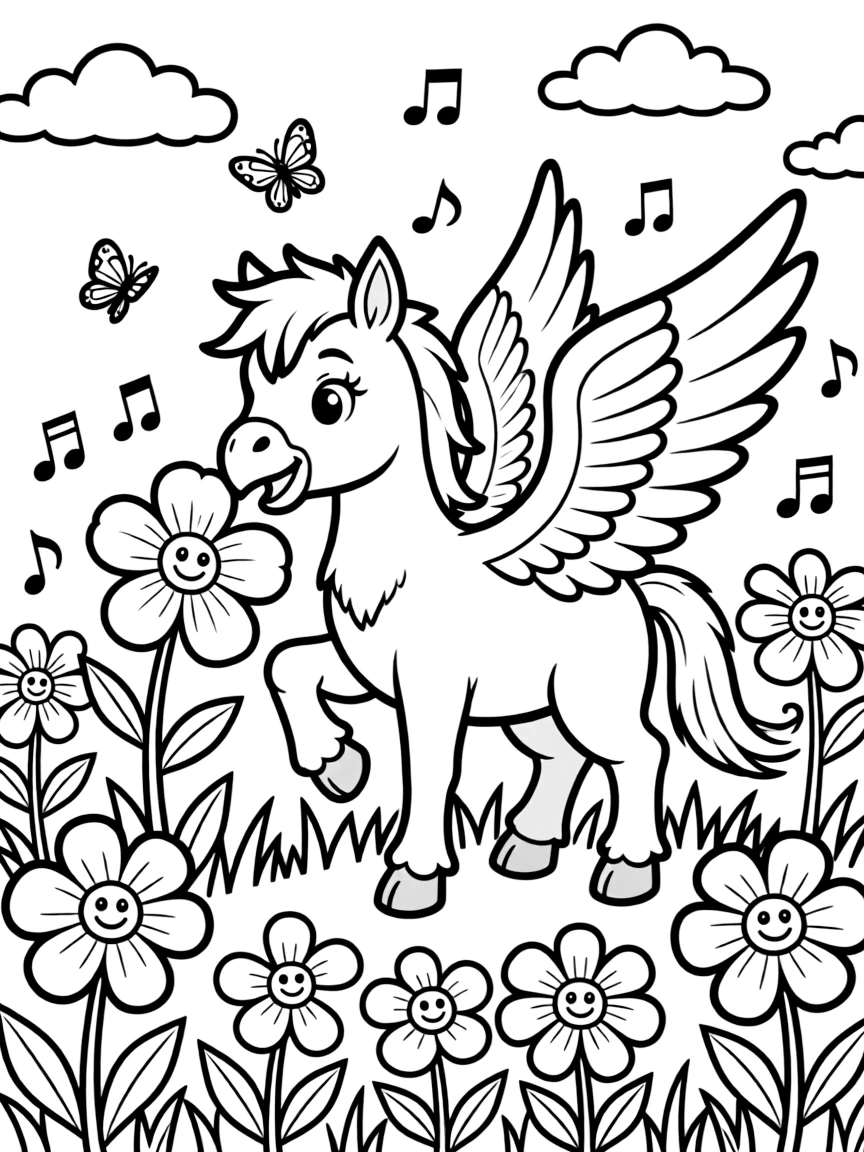 baby hippogriff playing in meadow of singing flowers coloring page
