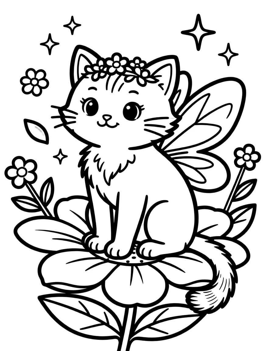 adorable flower fairy cat with petal wings coloring page