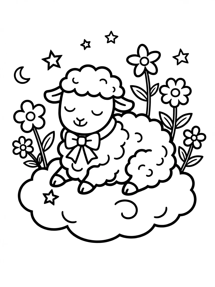 sleepy dream sheep creating flowers from cloud wool coloring page