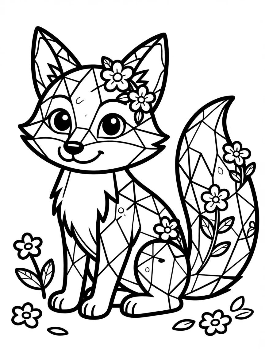 cute crystal fox with flowers growing from its fur coloring page