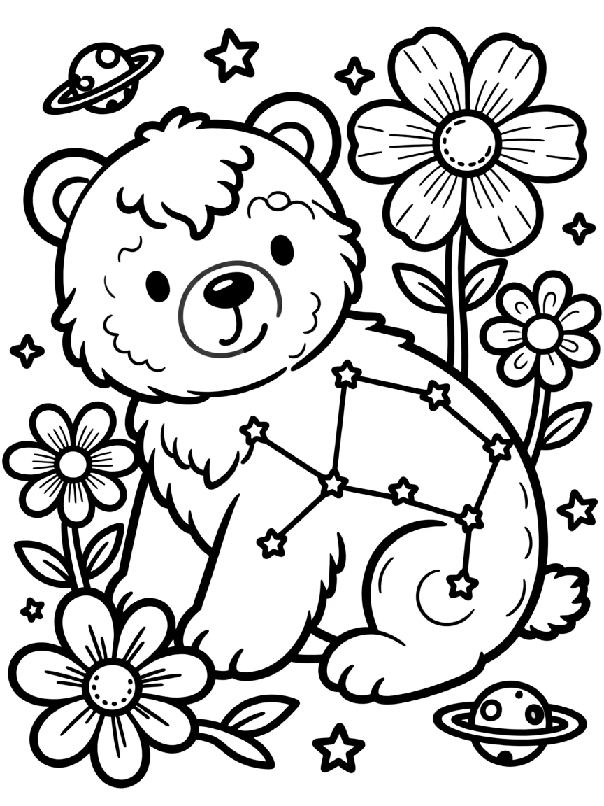 fluffy star bear constellation with cosmic flowers coloring page